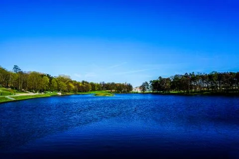 Mir Castle Complex Lake Stock Photos