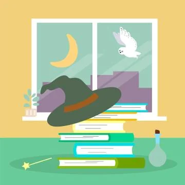 Miracle stuff compositions concept book stack sorcery hat white owl and flask Ilustração Stock