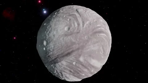 Miranda Uranus Moon Cinematic Slow Orbit Revealing Bizarre Icy Surface 4K 60FPS Stock Footage 331663171