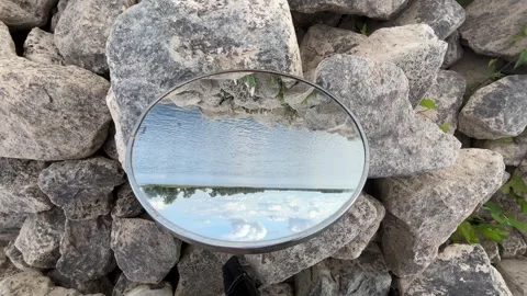 Mirror Among Rough Rocks Framing Reflected Horizon and Blue Sky Stock Footage 340280567