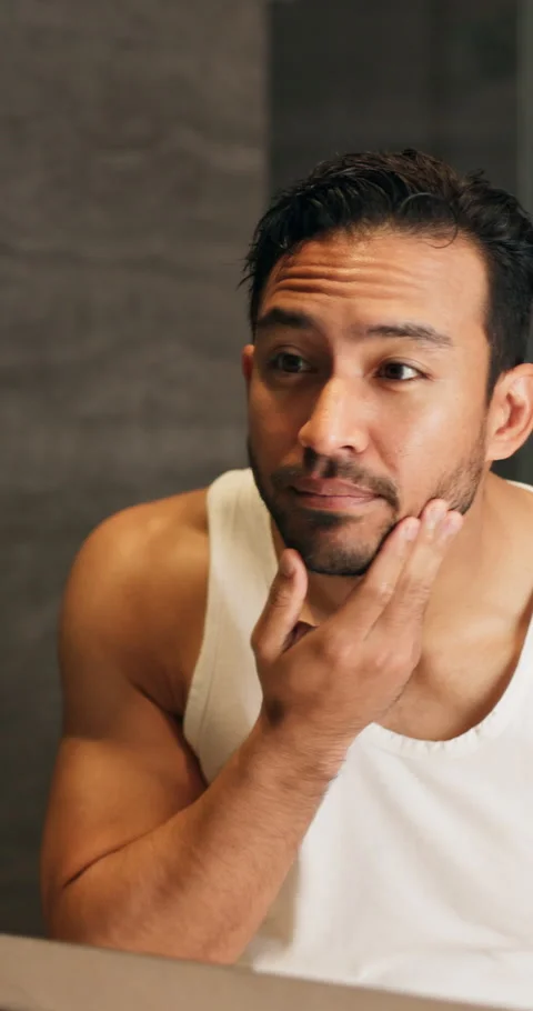 Mirror, bathroom and man check face for beard care, grooming and wellness for Stock Footage 340731229