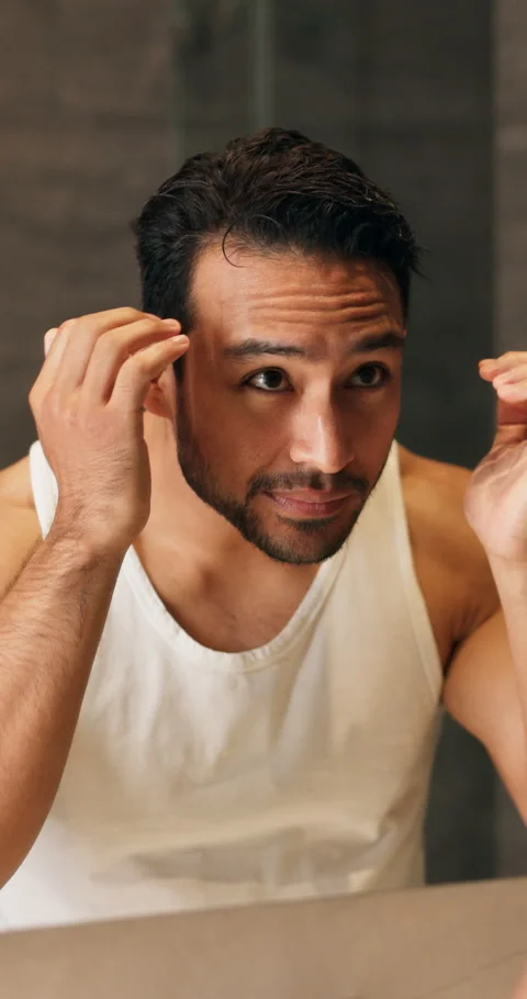 Mirror, bathroom and man check for beard, grooming and wellness for morning Stock Footage 340815459