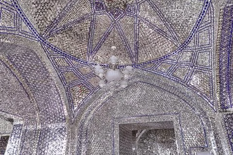 Mirror ceiling in prayer hall of mosque, Yazd, Iran. Stock Photos