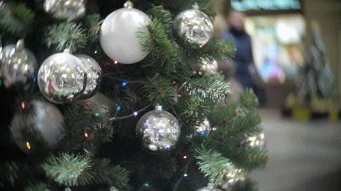 Mirror chrome and matte balls. New Year's and abstract blurred shopping mall Video stock 70654822