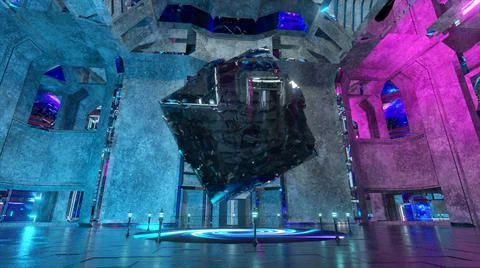 The mirror cube in zero gravity. Pink green color. 3d illustration 库存插图