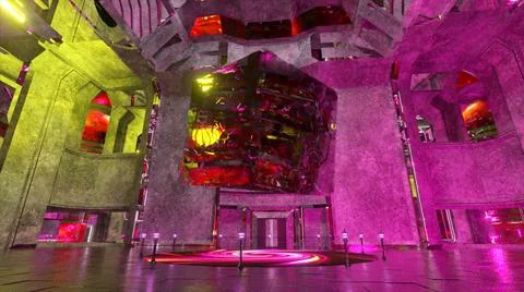 The mirror cube in zero gravity. Pink green color. 3d illustration 库存插图