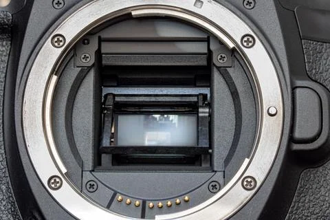 The mirror of digital Camera APS-C and lens mount, close-up. Stock Photos