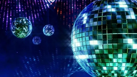 Mirror disco balls hanging on with blue lighting reflection. party lights d.. Video stock 265756436