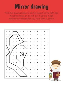 Mirror drawing Educational Sheet. Primary module for Spacial Understanding. 5 Stock Illustration