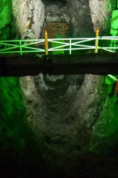 Mirror effect with beautiful reflection on the water near underground salt mine Stock Photos