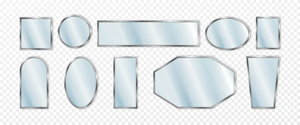 Mirror frames, reflect texture. Isolated oval, round and square surface, real Stock Illustration