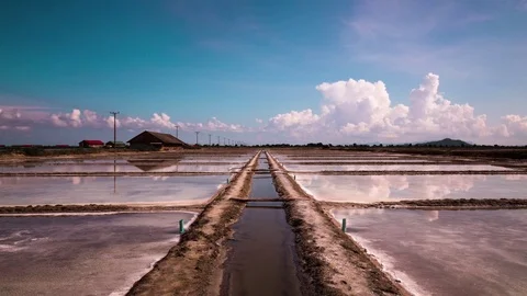 Mirror image cloud reflections on the salt fields of the south east Asia Stock Footage 79314926