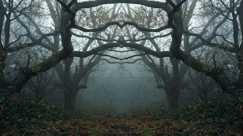 A mirror image of a spooky forest framed with Oak trees Stock Photos