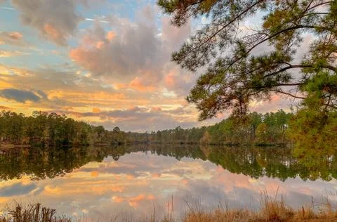 Mirror Lake reflection in fall with trees and clouds Foto stock
