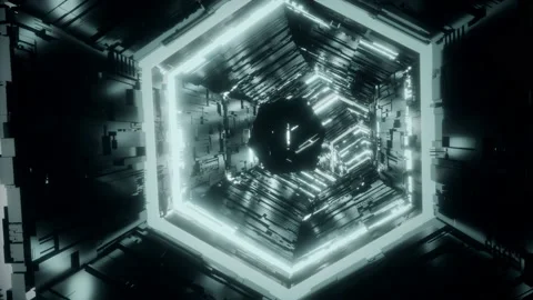 A mirror polyhedron surrounded by dim azure neon lights is flying along a dark Stock Footage 142218286
