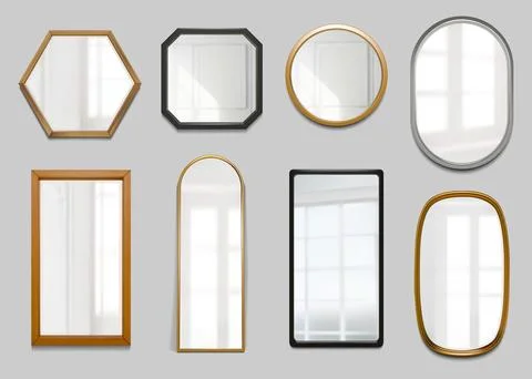 Mirror reflect. Bathroom wall silver frame, glass effect in oval and rectangular Stock Illustration