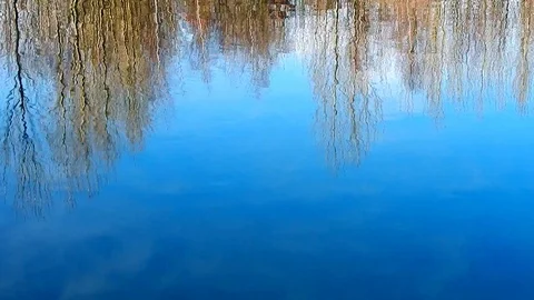 Mirror reflecting waters of nature &amp; cloudy sky close up on water droplets Stock Footage 102751930