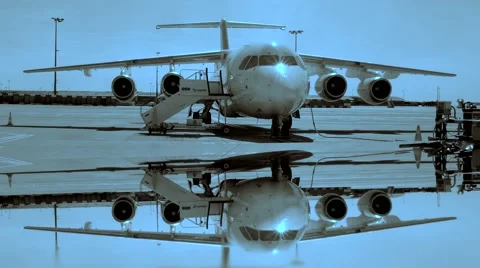 Mirror reflection. airport gate terminal. transportation boing jet charter Video stock 40633964