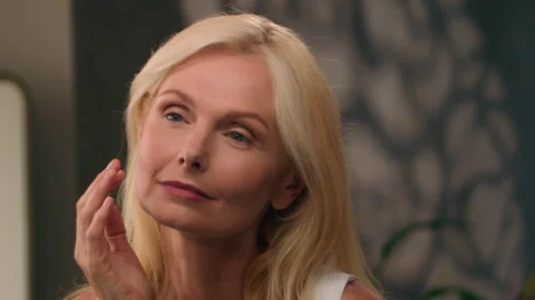 Mirror reflection Caucasian senior middle aged woman beautiful mature lady elder Stock Footage 250281893