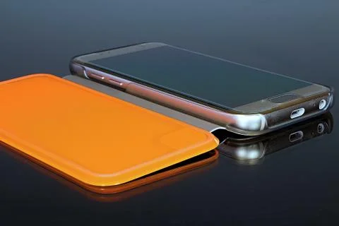Mirror reflection of a cell phone part in an orange case. Stock Photos