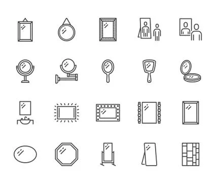 Mirror, reflection flat line icons set. Various mirrors - round, makeup, full Illustrazione stock