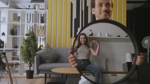 Mirror reflection happy beautiful young woman Video stock 158157638
