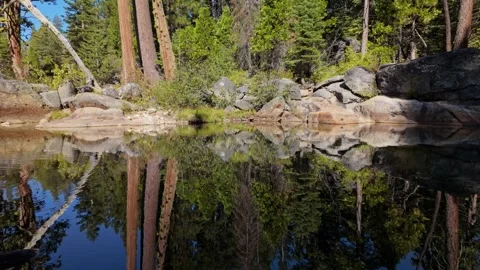 Mirror Reflection Pan on a Tranquil Sierra Nevada Pond in California Forest Stock-Footage 321772546