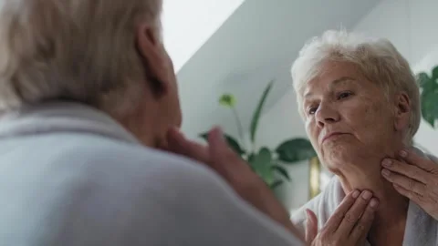 Mirror reflection on senior woman checking skin condition in the morning Video stock 247119823