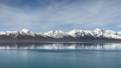 Mirror Reflection of Snow Mountains on Turquoise Lake Vídeos de archivo 334707976