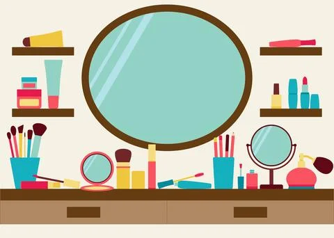 Mirror, shelves and dressing table with make up scattered around Stock Illustration