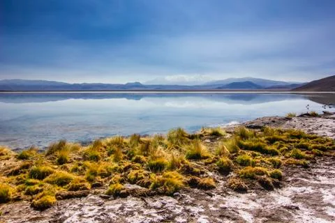 Mirror surface of mountain lake surrounded by high peaks and yellow grass Stock Photos