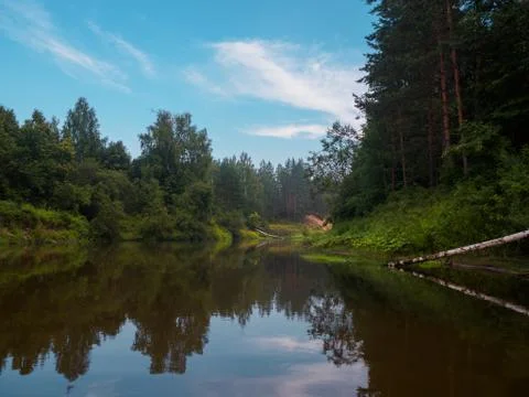 Mirror surface of the river water surface in the middle of the forest. Silenc Stock Photos