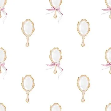 Mirror Watercolor seamless pattern. Hand drawn vintage mirror with handle. Clip Stock Illustration