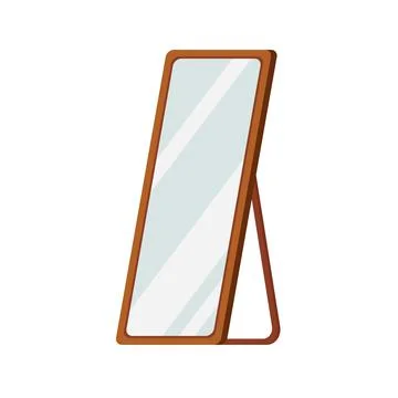 Mirror with wood frame stand on floor isolated on white background. Stock Illustration