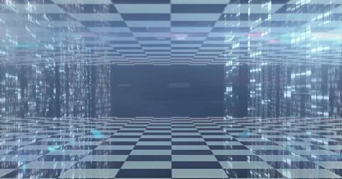 Mirrored checkered corridor receding in virtual simulation, with glowing digital 库存照片