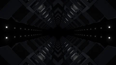 Mirrored dark sci-fi corridor with rows of white lights, 4K illustration Stock Illustration