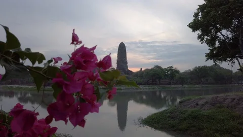 Mirrored reflection on waters of ancient Ayutthaya ruins temple Thailand. Stock Footage 108572286