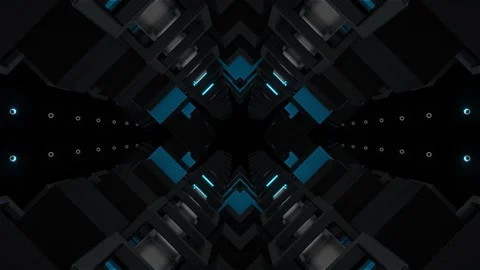 Mirrored sci-fi corridor with red and orange mechanical wings on black Stock Footage 346778730