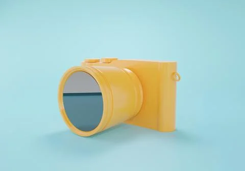 Mirrorless camera 3D illustration. Digital yellow photo camera on blue back.. 库存照片