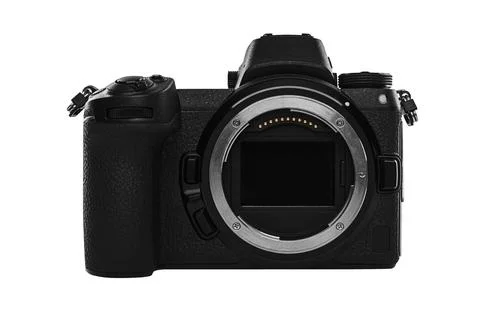 Mirrorless camera body isolated on white. Stock Photos