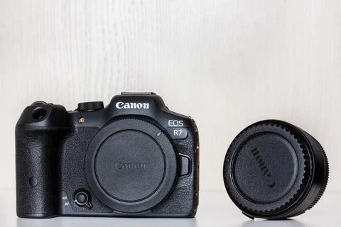 Mirrorless camera Canon eos  r7 with adapter for lenses Stock Photos