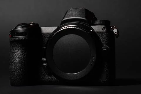 Mirrorless camera with large mount and sensor stabilization, front view. 写真素材