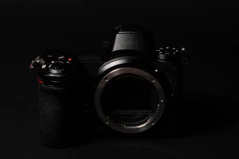 Mirrorless camera with large mount and sensor stabilization, front view. 写真素材