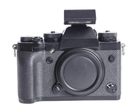 Mirrorless digital camera with flash isolated on white background Stock Photos