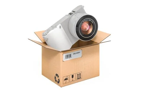 Mirrorless digital camera inside cardboard box, delivery concept. 3D renderin 스톡 일러스트