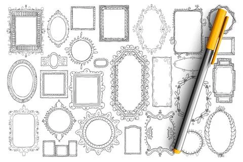 Mirrors and frames doodle set 스톡 일러스트