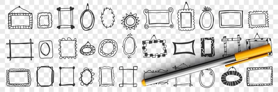 Mirrors and frames doodle set. Stockillustratie