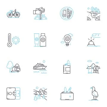 Mirth bliss linear icons set. Joy, Euphoria, Delight, Exhilaration, Rapture Stock Illustration