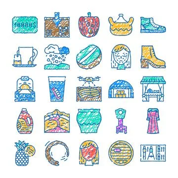 Miscellaneous hand drawn colorful doodle scribble icons collection Stock Illustration