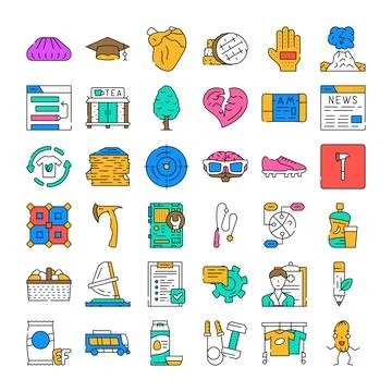 Miscellaneous objects and infographic elements line art icons Stock Illustration